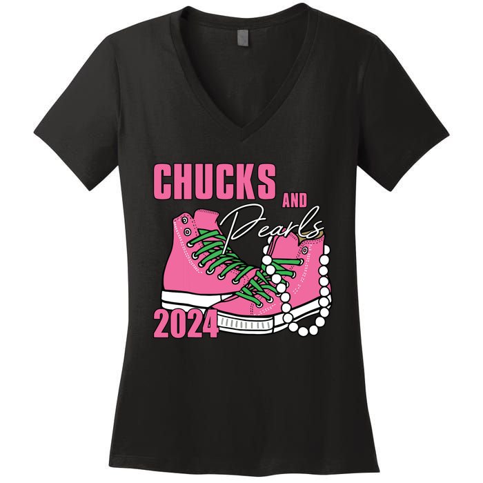 Chucks And Pearls Im With Her Kamala 2024 Women's V-Neck T-Shirt