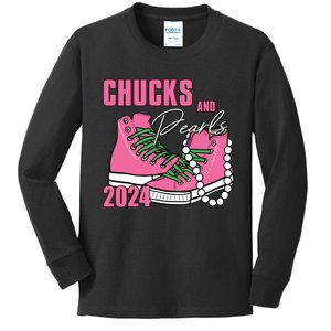 Chucks And Pearls Im With Her Kamala 2024 Kids Long Sleeve Shirt