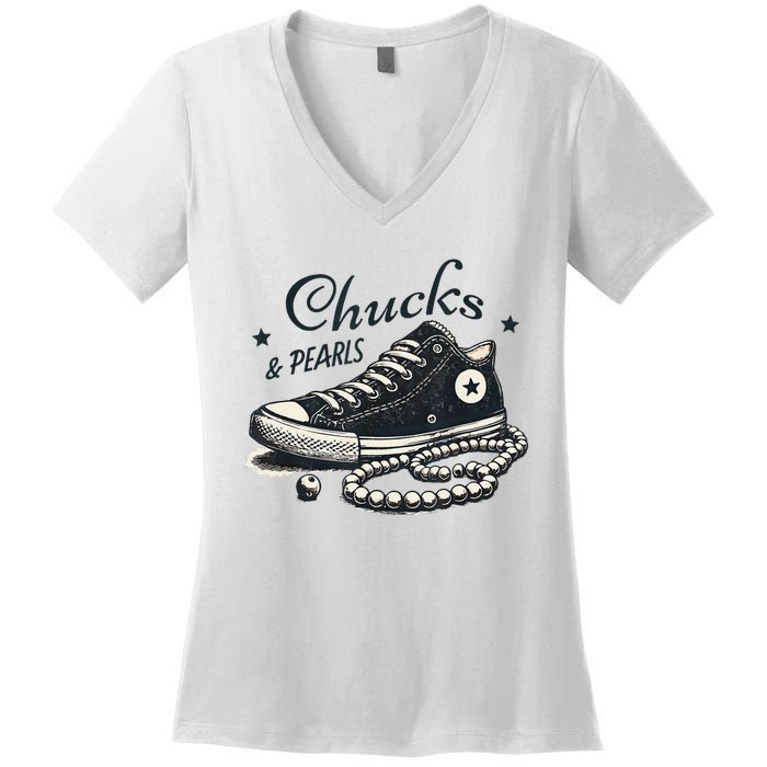 Chucks And Pearls IM With Her Kamala 2024 Women's V-Neck T-Shirt