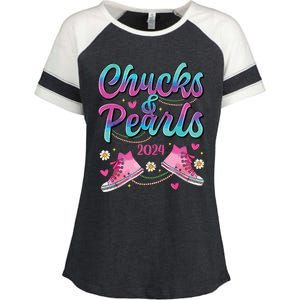 Chucks And Pearls Im With Her Enza Ladies Jersey Colorblock Tee