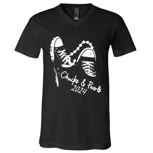 Chucks And Pearls Kamala Harris 2024 Support Gift Teachers V-Neck T-Shirt