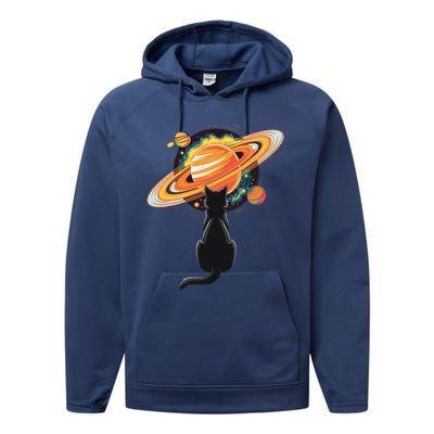 Cat And Planets Cosmic Universe Design Performance Fleece Hoodie