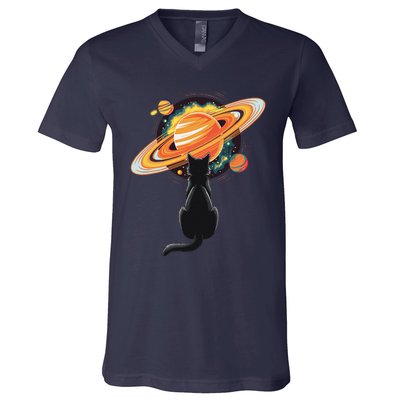 Cat And Planets Cosmic Universe Design V-Neck T-Shirt