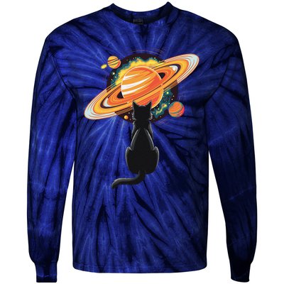 Cat And Planets Cosmic Universe Design Tie-Dye Long Sleeve Shirt