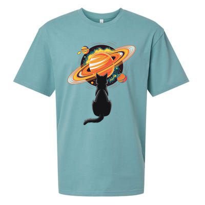 Cat And Planets Cosmic Universe Design Sueded Cloud Jersey T-Shirt