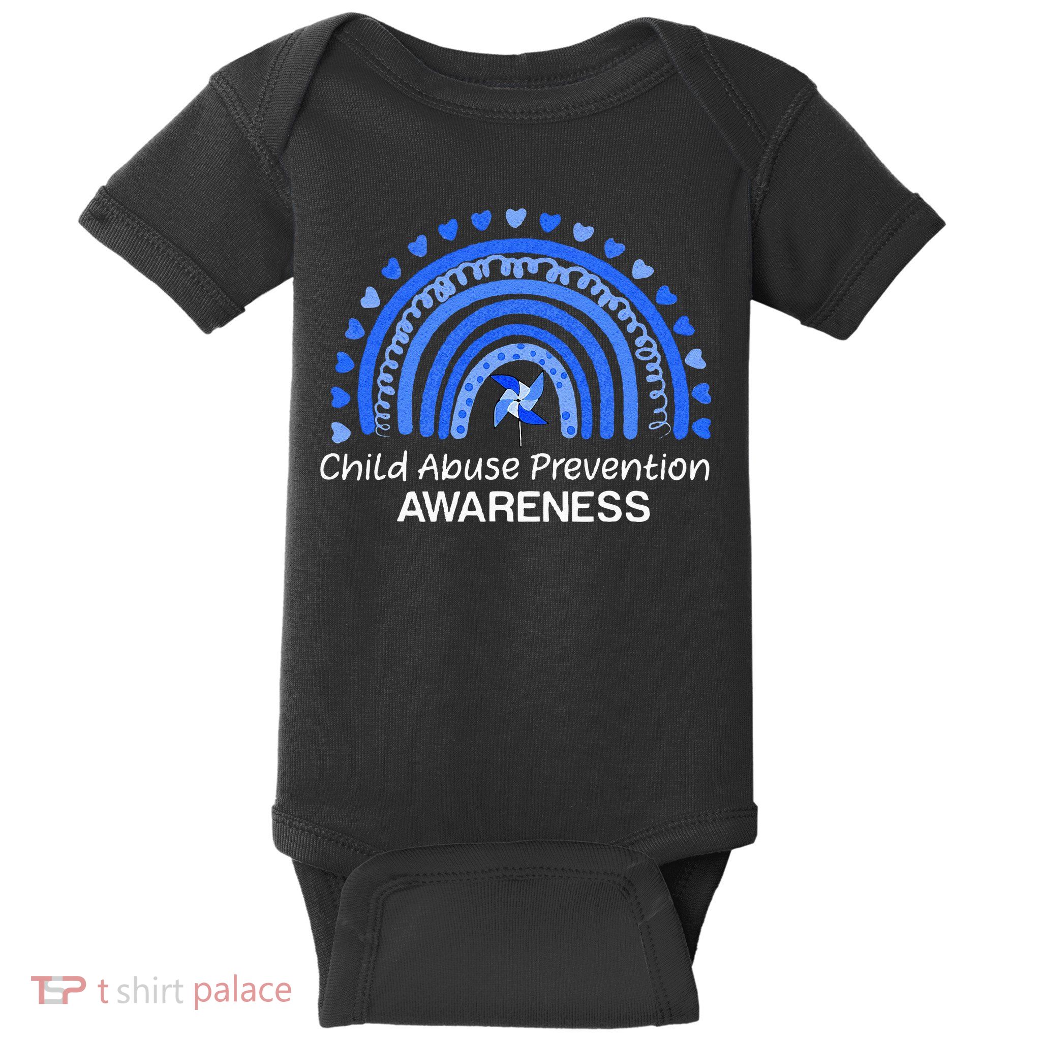 Child Abuse Prevention Awareness Blue Boho Rainbow Pinwheel Baby Bodysuit