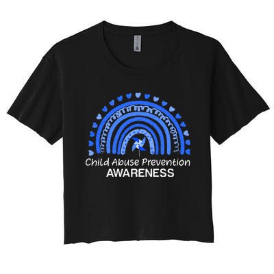 Child Abuse Prevention Awareness Blue Boho Rainbow Pinwheel Women's Crop Top Tee