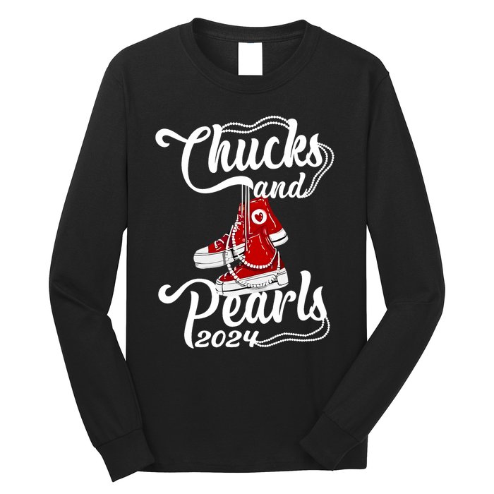 Chucks And Pearls Kamala Harris 2024 Support Gifts Women Long Sleeve Shirt