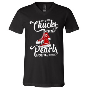 Chucks And Pearls Kamala Harris 2024 Support Gifts Women V-Neck T-Shirt