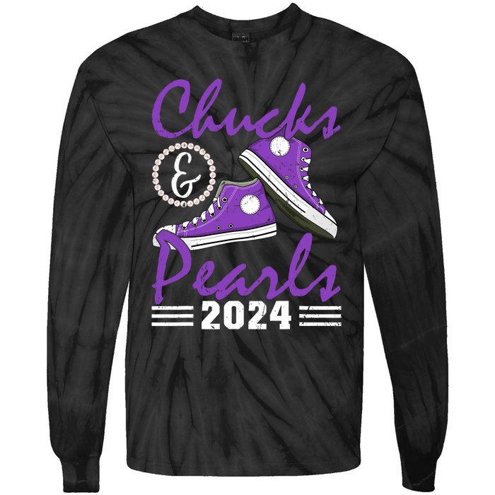 Chucks And Pearls 2024 Voting For Kamala Harris Usa Election Tie-Dye Long Sleeve Shirt