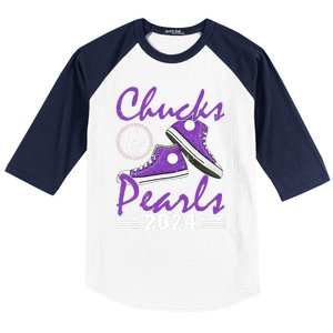 Chucks And Pearls 2024 Voting For Kamala Harris Usa Election Baseball Sleeve Shirt