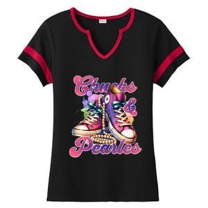 Chucks And Pearls Im With Her Kamala Harris 2024 Ladies Halftime Notch Neck Tee