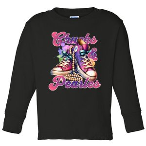 Chucks And Pearls Im With Her Kamala Harris 2024 Toddler Long Sleeve Shirt