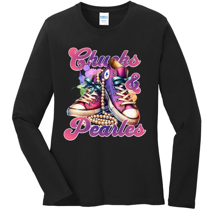 Chucks And Pearls Im With Her Kamala Harris 2024 Ladies Long Sleeve Shirt