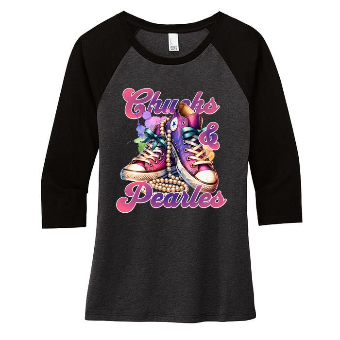 Chucks And Pearls Im With Her Kamala Harris 2024 Women's Tri-Blend 3/4-Sleeve Raglan Shirt