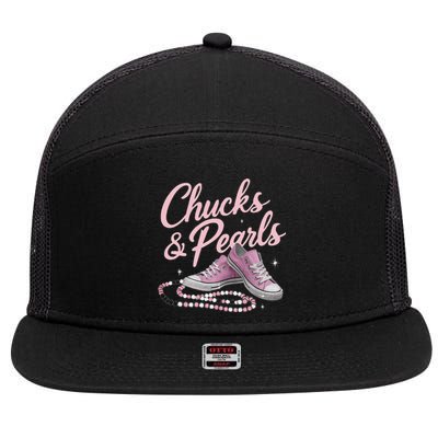 Chucks And Pearls 2024 Kamala Harris For President 47th 7 Panel Mesh Trucker Snapback Hat