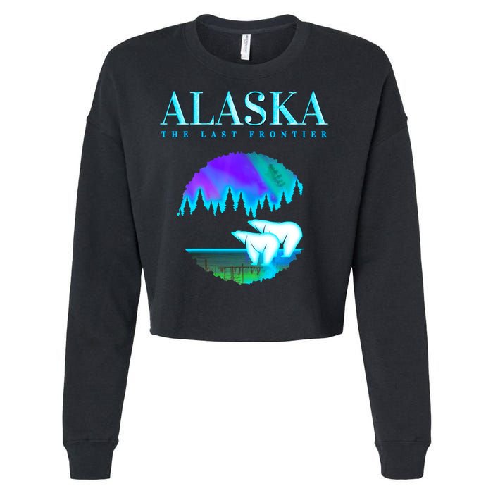 Cool Alaska Pair of Polar Bear with Aurora Snow Scene Cropped Pullover Crew