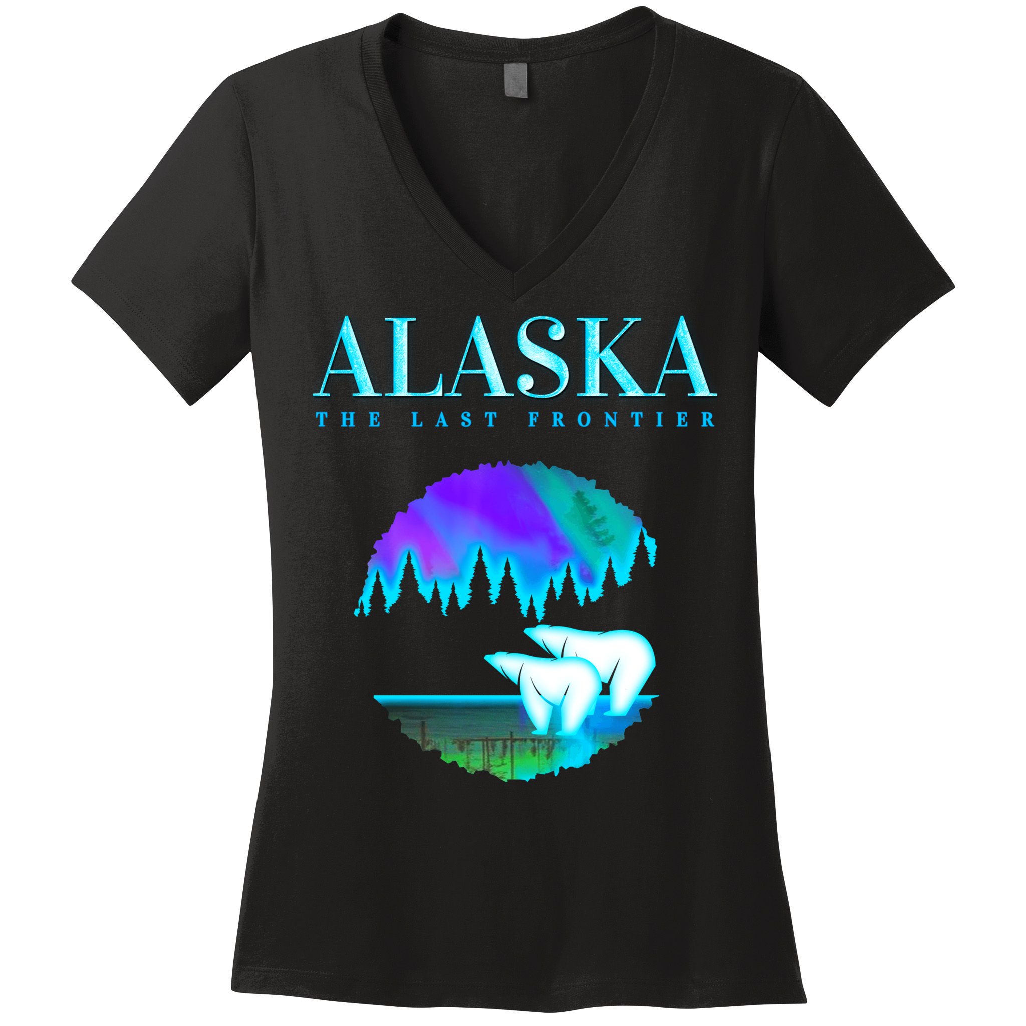 Cool Alaska Pair of Polar Bear with Aurora Snow Scene Women's V-Neck T-Shirt
