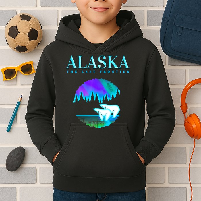 Cool Alaska Pair of Polar Bear with Aurora Snow Scene Kids Hoodie