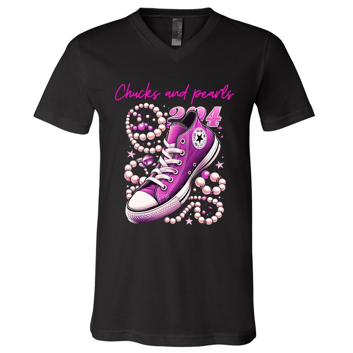 Chucks And Pearls Kamala Harris 2024 For President V-Neck T-Shirt