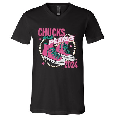 Chucks And Pearls IM With Her Kamala 2024 V-Neck T-Shirt