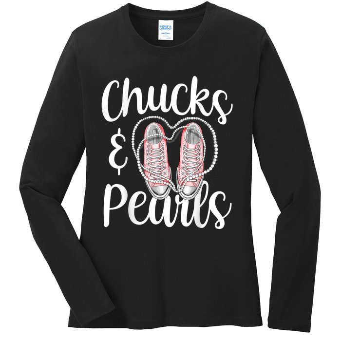 Chucks And Pearls Gift Kamala Harris New Vice President Ladies Long Sleeve Shirt