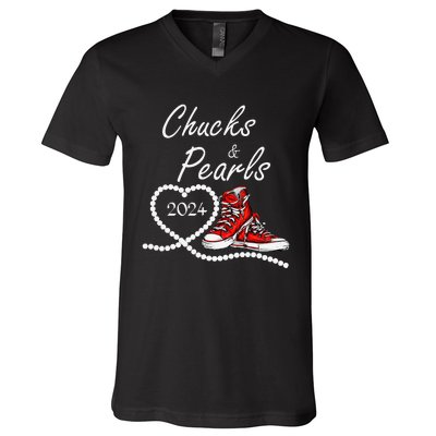 Chucks And Pearls 2024 Kamala Harris For President 47th Gift V-Neck T-Shirt