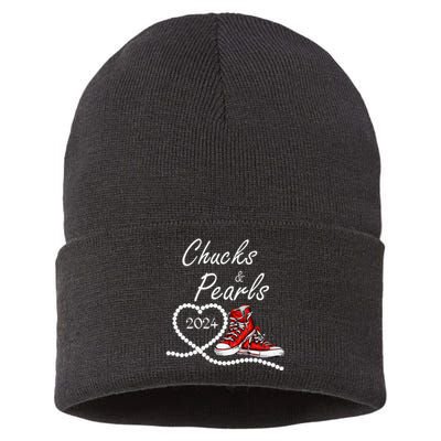 Chucks And Pearls 2024 Kamala Harris For President 47th Gift Sustainable Knit Beanie