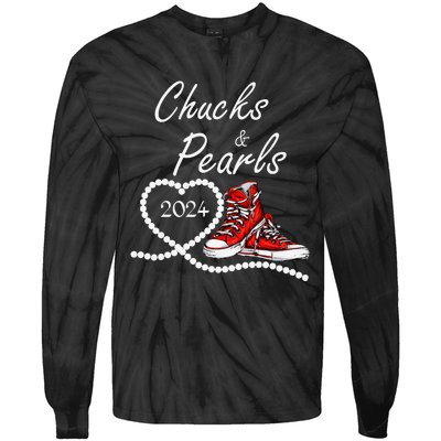 Chucks And Pearls 2024 Kamala Harris For President 47th Gift Tie-Dye Long Sleeve Shirt