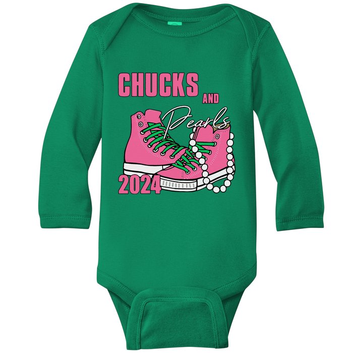 Chucks And Pearls IM With Her Kamala 2024 Baby Long Sleeve Bodysuit