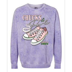 Chucks And Pearls Kamala Harris 2024 Aka Sorority Pink And Green Colorblast Crewneck Sweatshirt