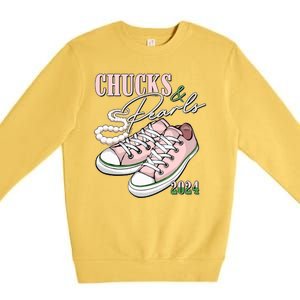 Chucks And Pearls Kamala Harris 2024 Aka Sorority Pink And Green Premium Crewneck Sweatshirt