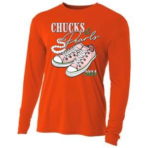 Chucks And Pearls Kamala Harris 2024 Aka Sorority Pink And Green Cooling Performance Long Sleeve Crew