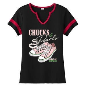 Chucks And Pearls Kamala Harris 2024 Aka Sorority Pink And Green Ladies Halftime Notch Neck Tee