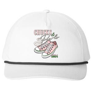 Chucks And Pearls Kamala Harris 2024 Aka Sorority Pink And Green Snapback Five-Panel Rope Hat