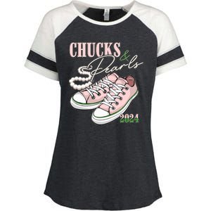 Chucks And Pearls Kamala Harris 2024 Aka Sorority Pink And Green Enza Ladies Jersey Colorblock Tee