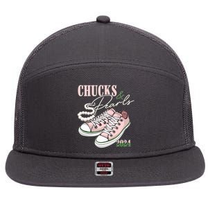 Chucks And Pearls Kamala Harris 2024 Aka Sorority Pink And Green 7 Panel Mesh Trucker Snapback Hat