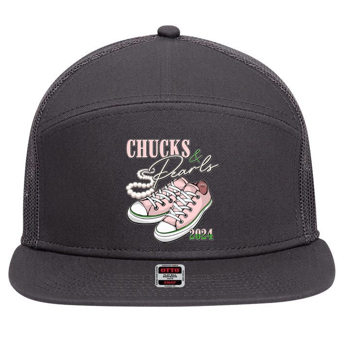 Chucks And Pearls Kamala Harris 2024 Aka Sorority Pink And Green 7 Panel Mesh Trucker Snapback Hat