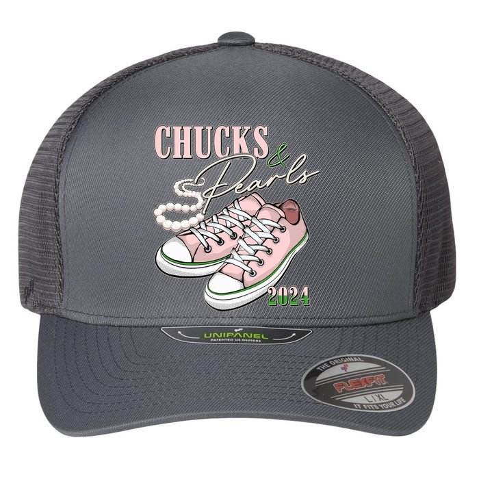 Chucks And Pearls Kamala Harris 2024 Aka Sorority Pink And Green Flexfit Unipanel Trucker Cap