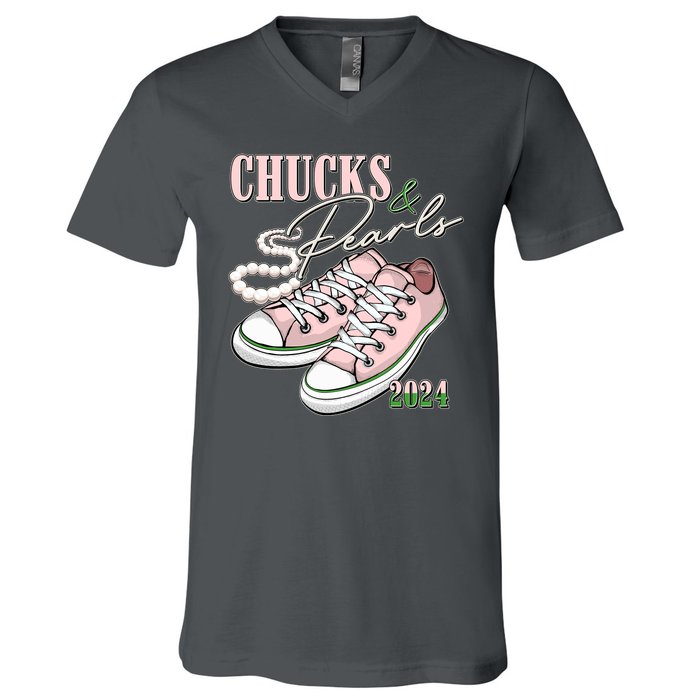 Chucks And Pearls Kamala Harris 2024 Aka Sorority Pink And Green V-Neck T-Shirt