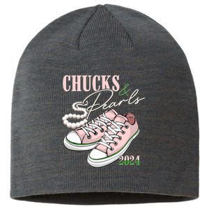 Chucks And Pearls Kamala Harris 2024 Aka Sorority Pink And Green Sustainable Beanie