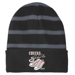 Chucks And Pearls Kamala Harris 2024 Aka Sorority Pink And Green Striped Beanie with Solid Band