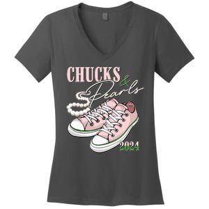 Chucks And Pearls Kamala Harris 2024 Aka Sorority Pink And Green Women's V-Neck T-Shirt