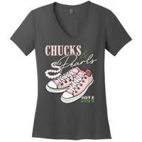 Chucks And Pearls Kamala Harris 2024 Aka Sorority Pink And Green Women's V-Neck T-Shirt