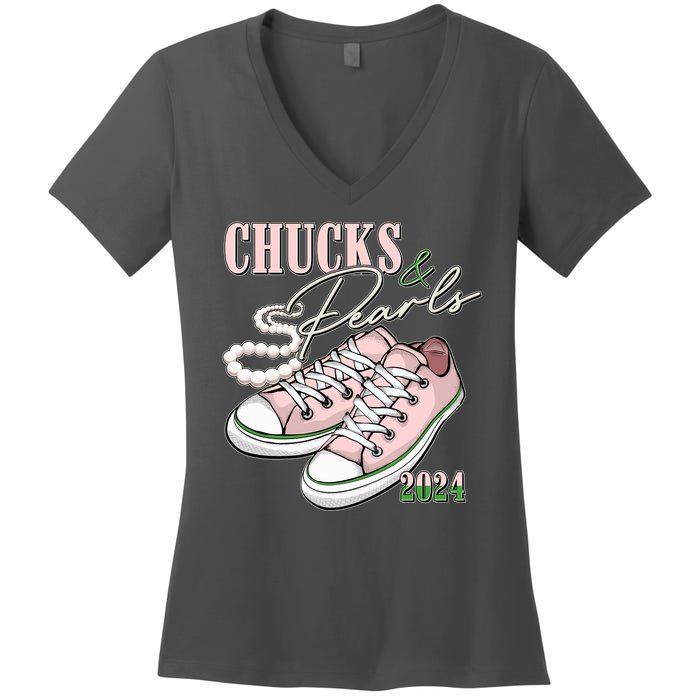 Chucks And Pearls Kamala Harris 2024 Aka Sorority Pink And Green Women's V-Neck T-Shirt