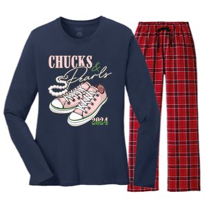 Chucks And Pearls Kamala Harris 2024 Aka Sorority Pink And Green Women's Long Sleeve Flannel Pajama Set 