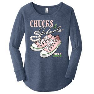 Chucks And Pearls Kamala Harris 2024 Aka Sorority Pink And Green Women's Perfect Tri Tunic Long Sleeve Shirt