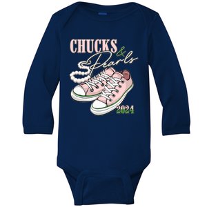 Chucks And Pearls Kamala Harris 2024 Aka Sorority Pink And Green Baby Long Sleeve Bodysuit