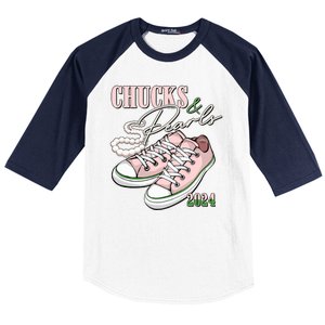 Chucks And Pearls Kamala Harris 2024 Aka Sorority Pink And Green Baseball Sleeve Shirt