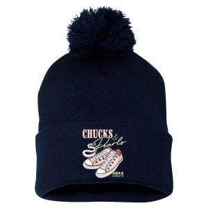 Chucks And Pearls Kamala Harris 2024 Aka Sorority Pink And Green Pom Pom 12in Knit Beanie